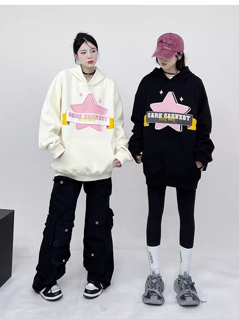 重磅純棉星星印花連帽衛衣女秋冬季新款oversize寬鬆顯瘦情侶帽衫