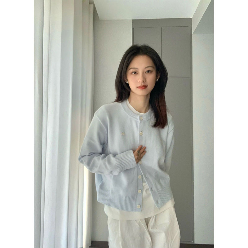 淺藍色軟糯針織開衫毛衣外套女2023新款秋冬小個子慵懶風圓領上衣