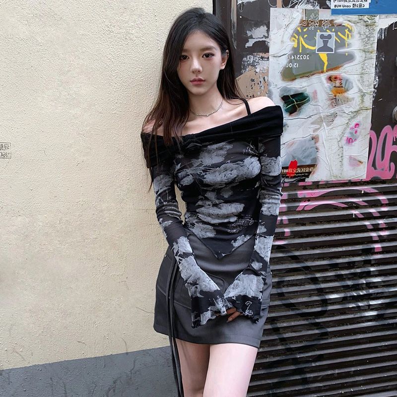 美式一字肩喇叭袖t恤女春秋長袖內搭打底衫秋季掛脖修身網紗上衣