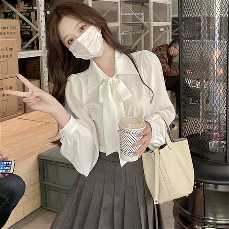 韓系飄帶蝴蝶結襯衣女春秋職業裝設計感長袖簡約通勤白色襯衫上衣