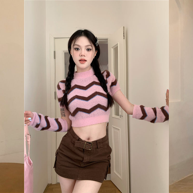 復古條紋半高領短袖毛衣女秋裝甜辣妹短款露臍上衣緊身袖套針織衫