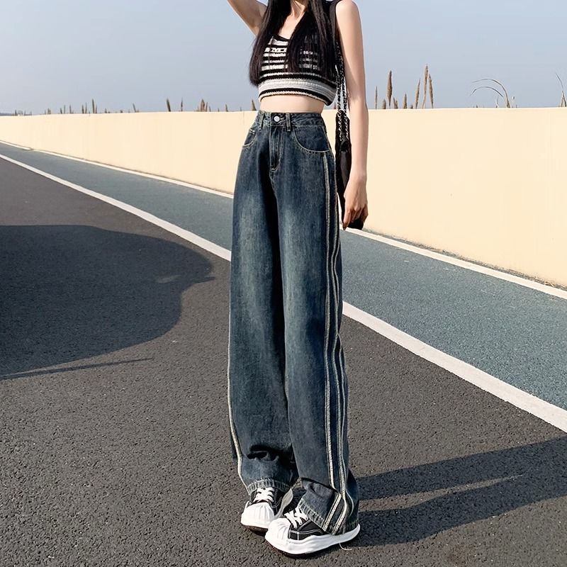 復古美式闊腿牛仔褲女夏季2023新款高腰條紋設計感直筒寬鬆拖地褲