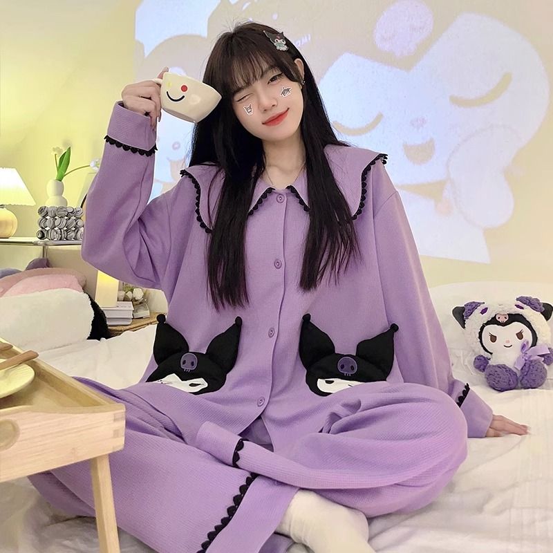 睡衣女春秋針織棉長袖可愛卡通少女夏天薄款網紅家居服可外穿套裝
