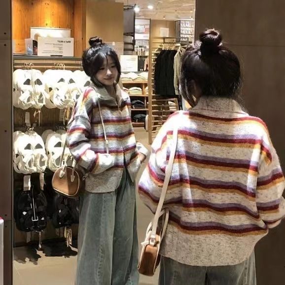 美式時尚彩虹條紋翻領毛衣女秋冬季寬鬆減齡氣質休閒百搭開衫外套