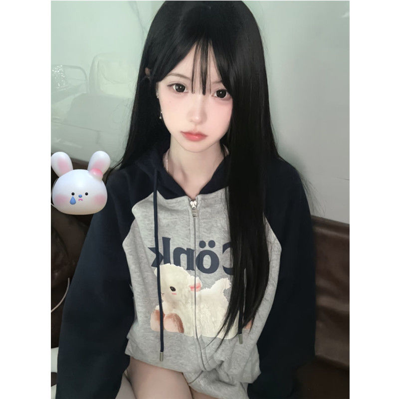 美式復古連帽撞色插肩袖衛衣開衫女秋季新款oversize寬鬆休閒外套