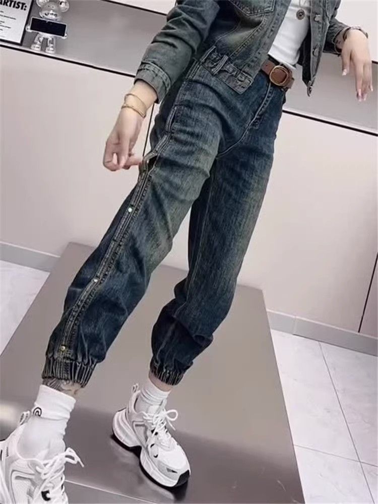 大碼女裝2023秋季高腰彈力哈倫牛仔褲胖妹妹mm寬鬆顯瘦束腳老爹褲