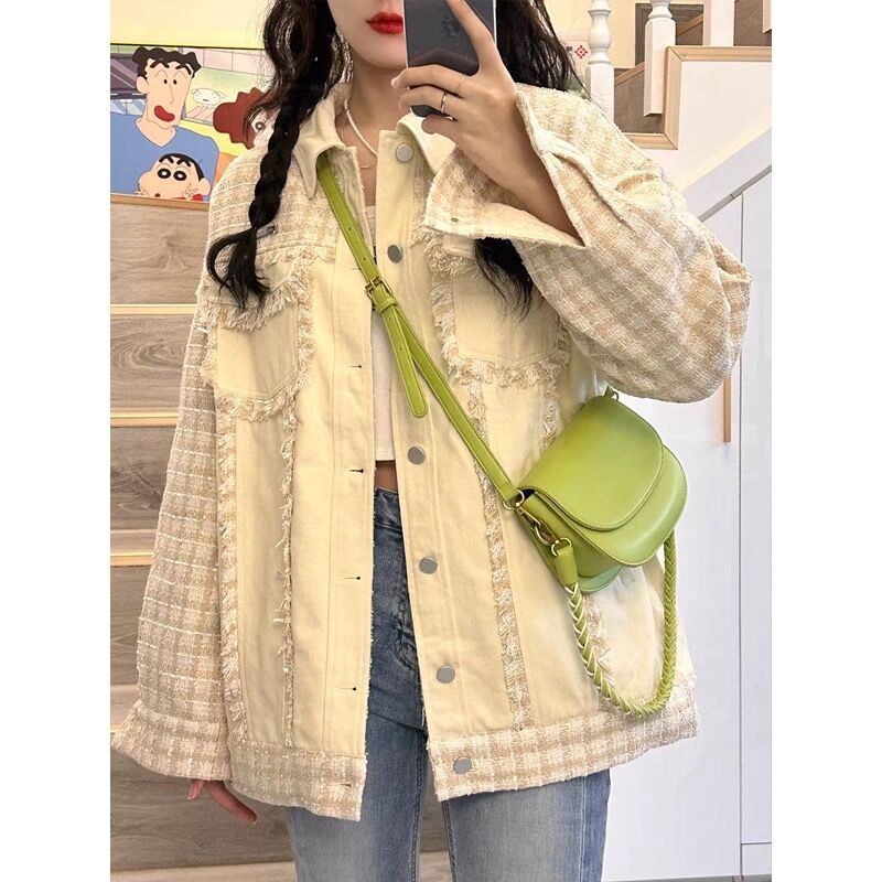 法式小香格子拼接外套女秋季2023新款寬鬆甜美小眾設計感長袖上衣