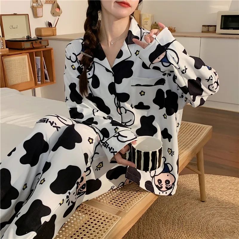 蠟筆小新奶牛情侶睡衣女款春秋季卡通棉質長袖日系家居服套裝男士