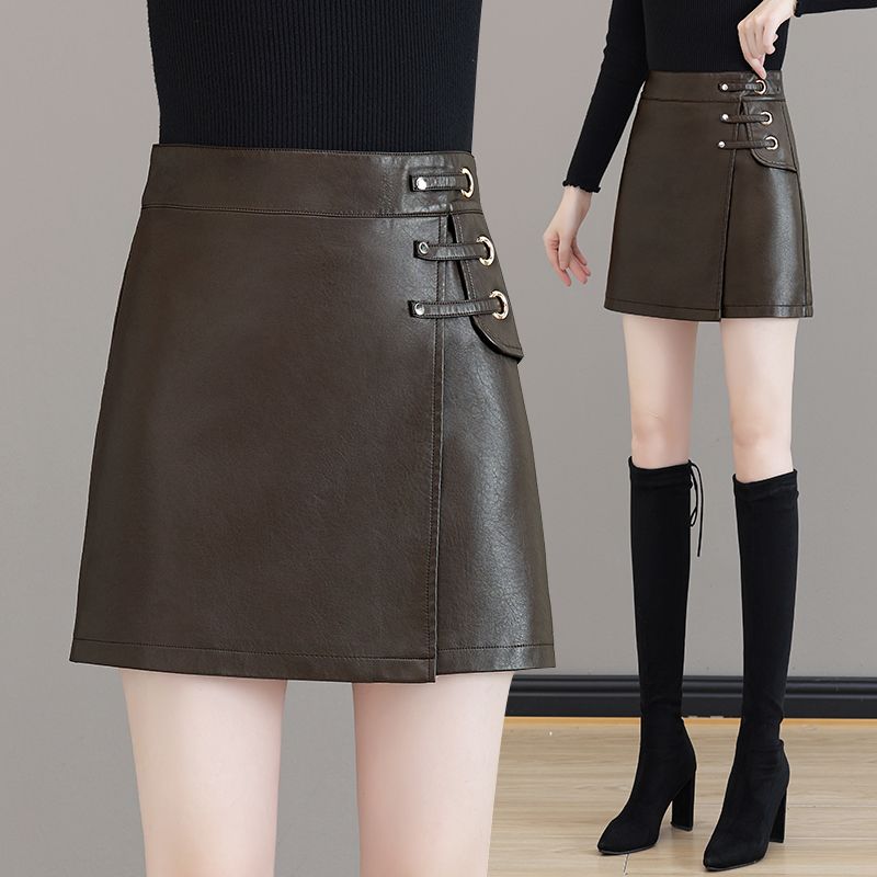 pu leather skirt women's 2023 autumn and winter new high-waist fashion irregular a-line one-step hip-covering short skirt