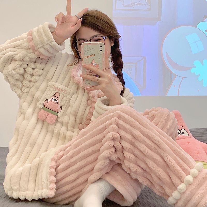 珊瑚絨睡衣女秋冬季開衫可愛寬鬆網紅風加厚保暖法蘭絨家居服套裝