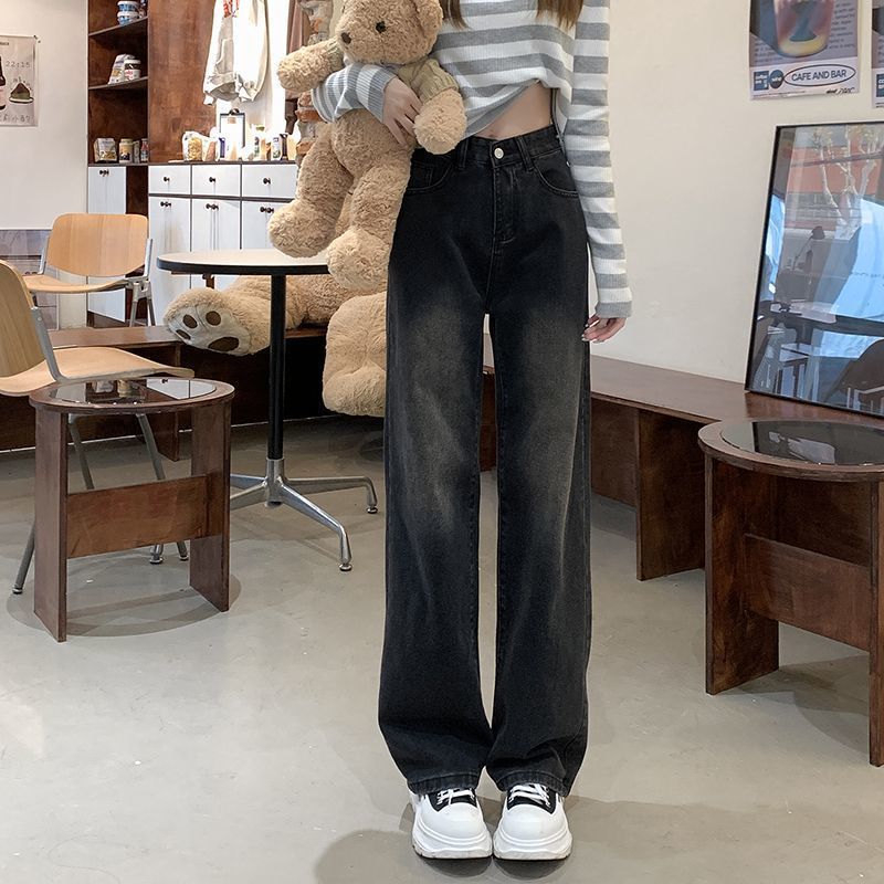 美式復古水洗做舊牛仔褲女夏季新款港味寬鬆顯瘦高腰直筒闊腿長褲