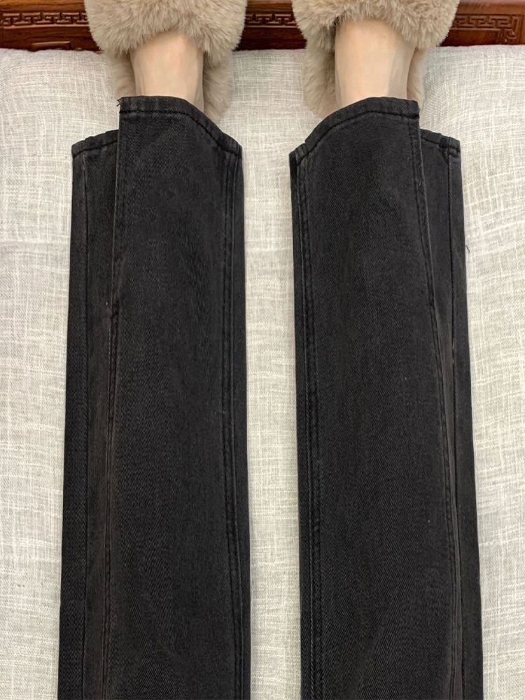 窄版開叉直筒牛仔褲女秋季新款高腰寬鬆闊腿顯瘦百搭拖地褲子ins
