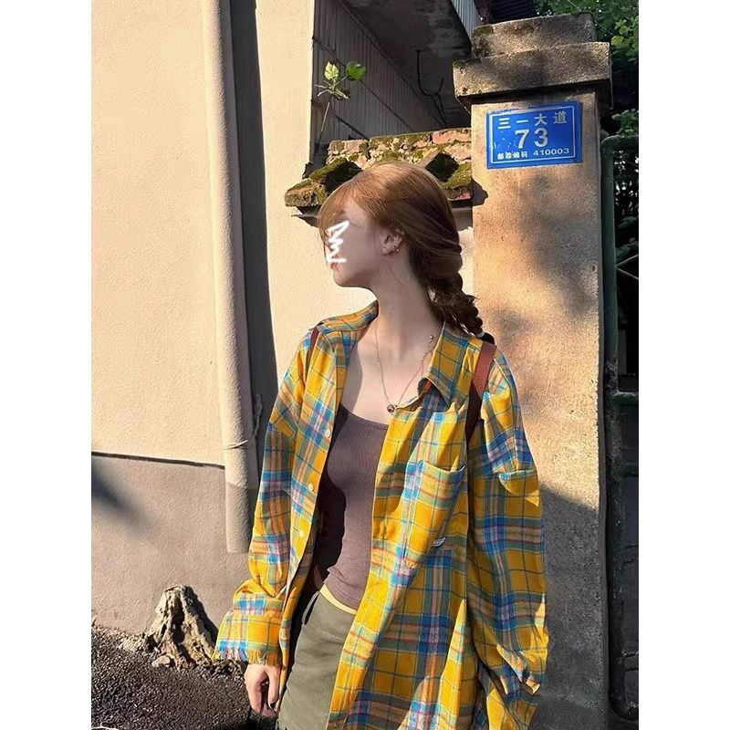 黃色格子襯衫高級設計感女2023秋季新款寬鬆情侶休閒bf風百搭上衣