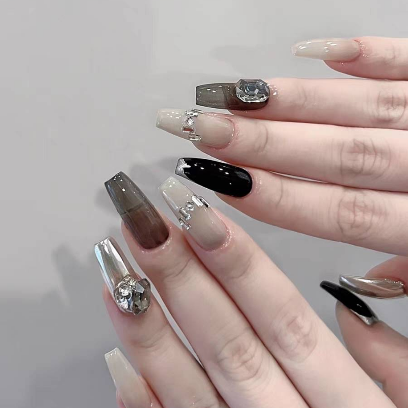 Nail家黑透閃鑽魔鏡粉美甲穿戴式爆款成品顯白孕婦假指甲貼片可拆