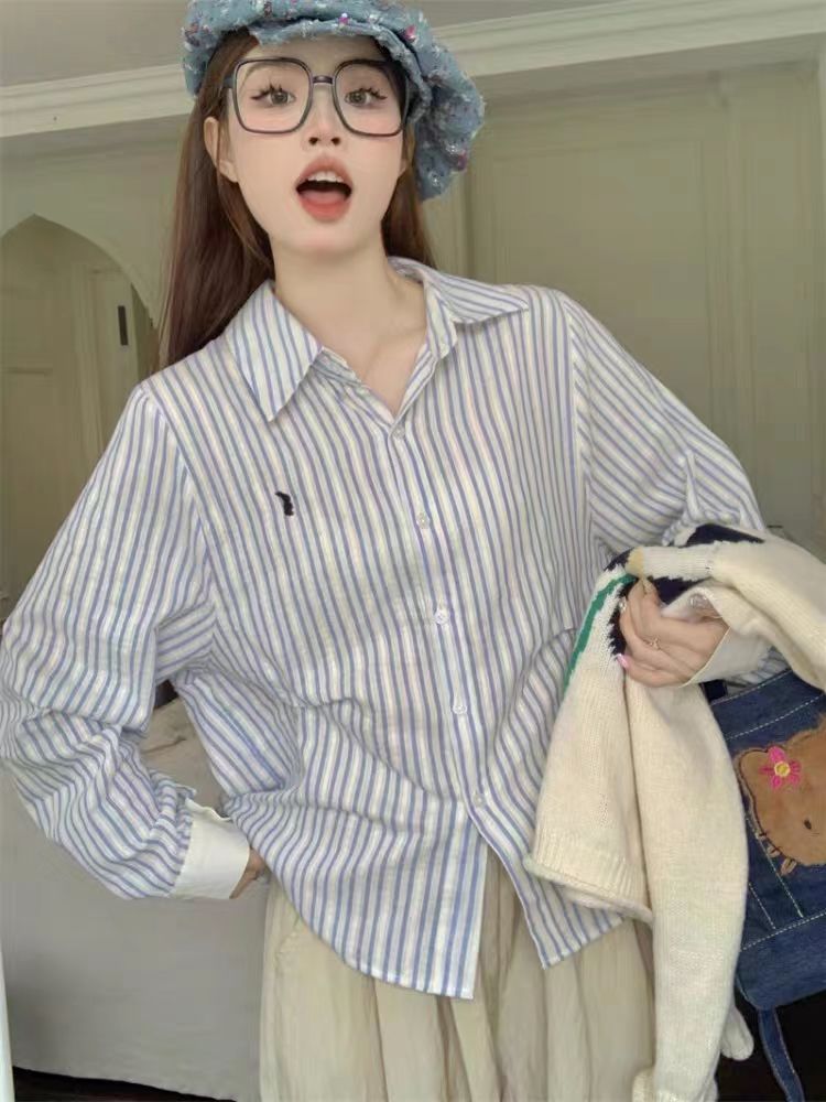 CONGRAZIO慵懶風藍色條紋襯衫女夏寬鬆開衫外搭顯瘦襯衣疊穿上衣