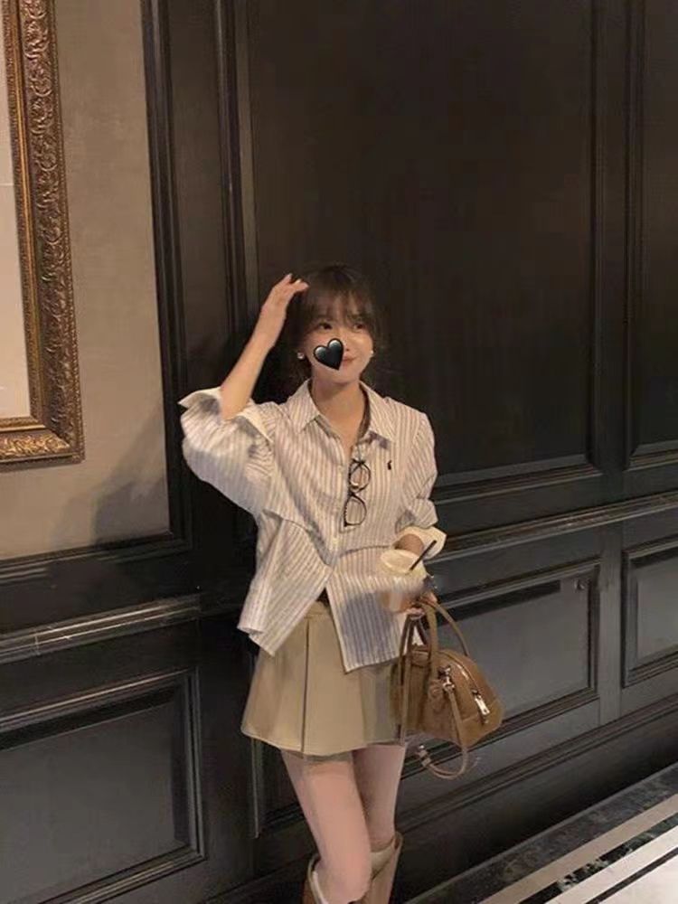 CONGRAZIO設計感日系條紋襯衫女學院風刺繡條紋小眾襯衣長袖衫女