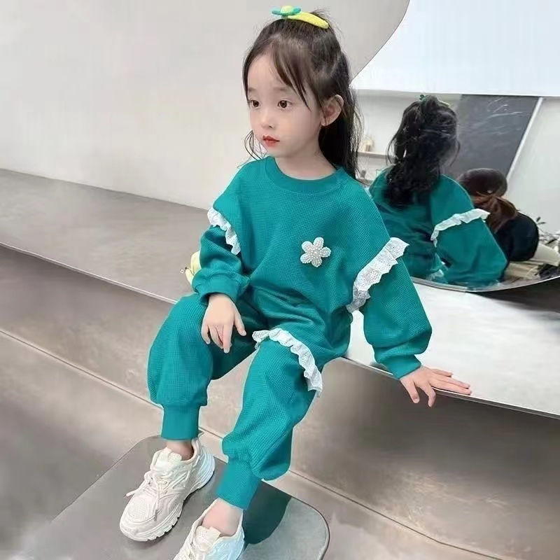 Girls Casual Suit Spring and Autumn 2023 New Style Girl Baby Internet Celebrity Children's Lace Sweatshirt Two-piece Set