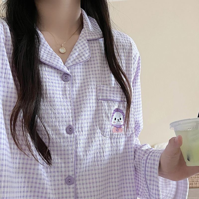 ins風格子兔睡衣女春秋新款簡約日系長袖長褲學生秋天家居服套裝