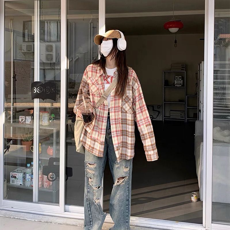 美式復古不規則拼接格子襯衫女設計感秋季休閒百搭長袖上衣外套潮