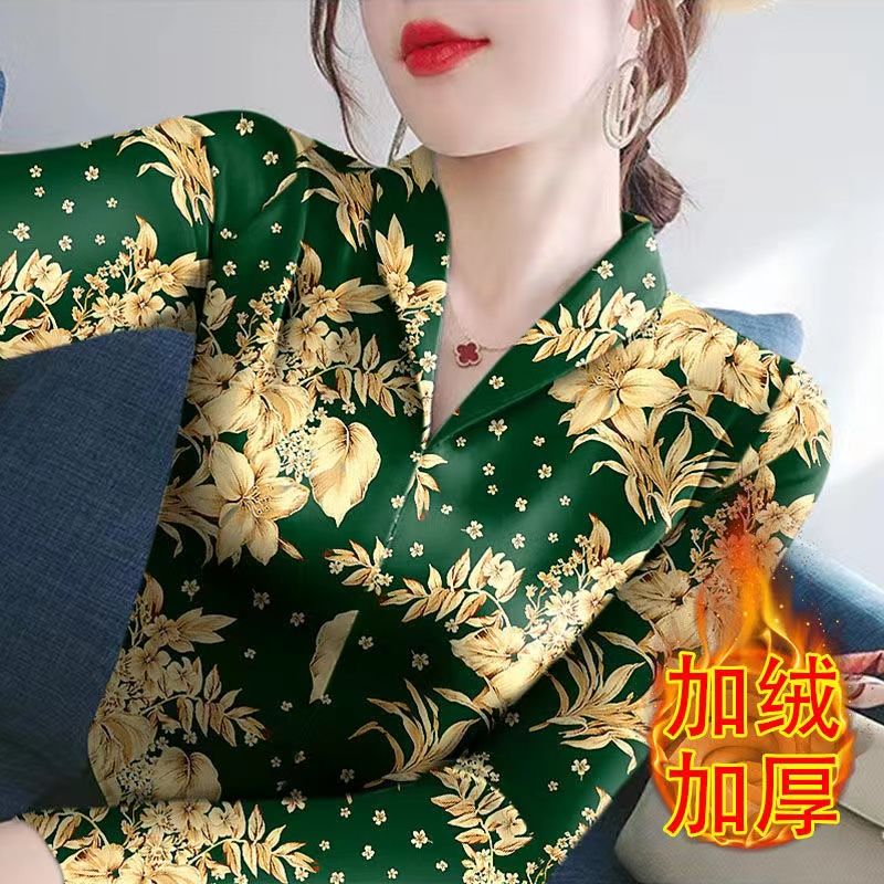 女秋冬新款双面德绒印花长袖修身显瘦时尚打底衫