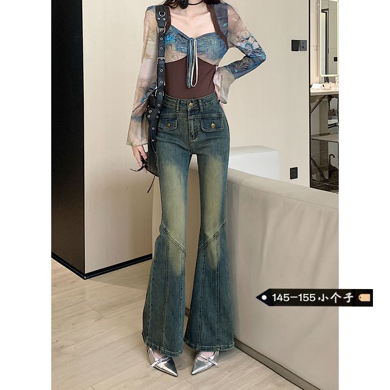 小個子復古做舊牛仔褲女拼接修身顯瘦微喇叭秋季辣妹高腰闊腿長褲