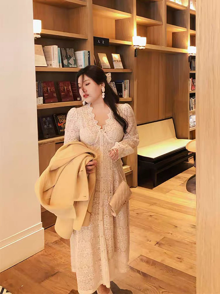 大碼女裝法式復古蕾絲連衣裙秋冬甜美修身氣質長裙子顯瘦遮肉微胖