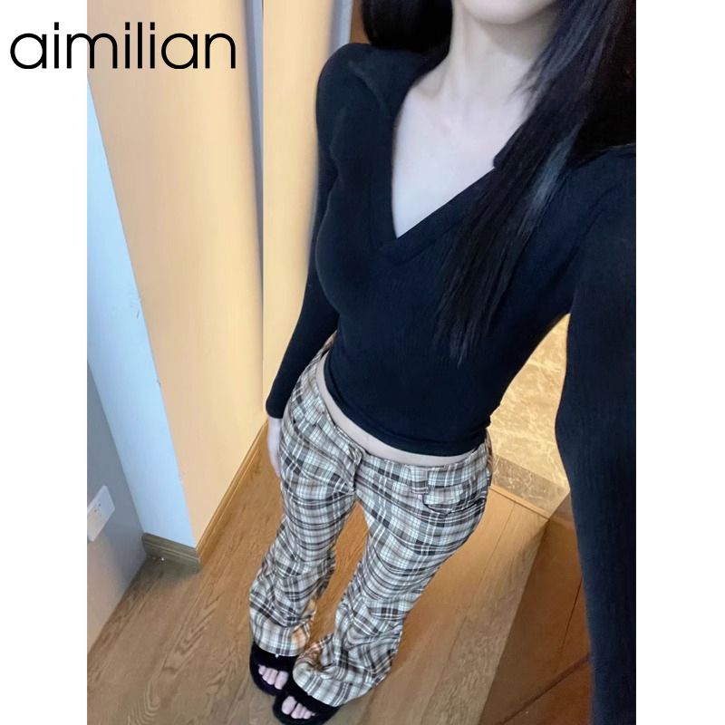 aimilian純欲辣妹polo領長袖t恤女春秋內搭打底修身顯瘦短款上衣