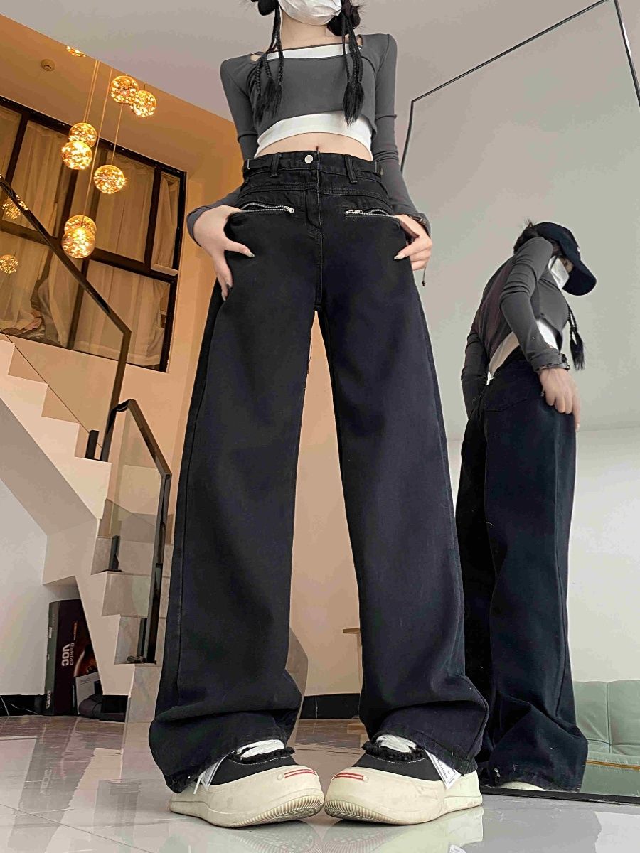美式黑色工裝褲牛仔女2023春秋設計感小眾直筒闊腿褲子潮ins高街