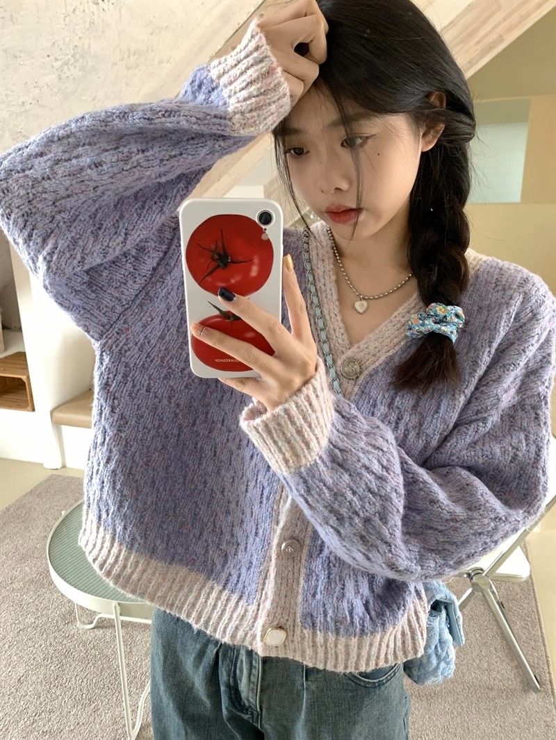 Taro purple soft and waxy small fragrant style knitted sweater jacket cardigan women's short autumn and winter 2023 new color matching top
