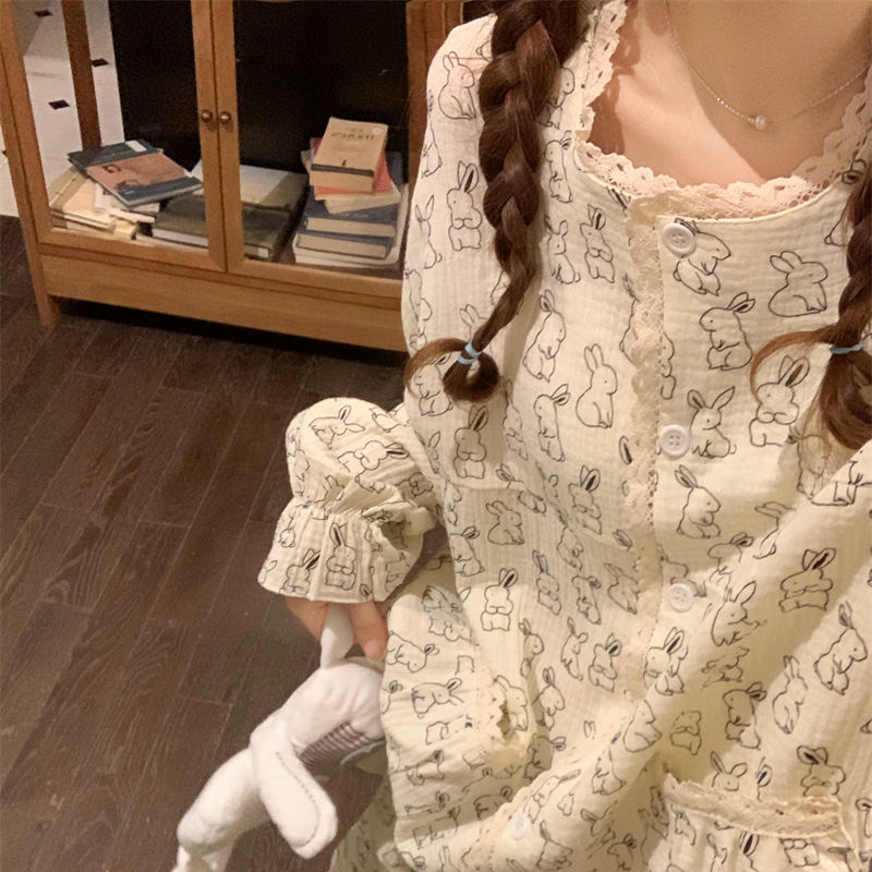 日系花邊小兔子睡衣女春秋新款長袖長褲ins風學生外穿居家服套裝