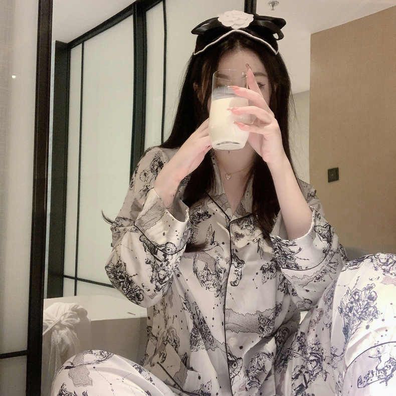 潮牌睡衣女春秋款冰絲涼感透氣開衫長袖水墨畫印花休閒寬鬆家居服