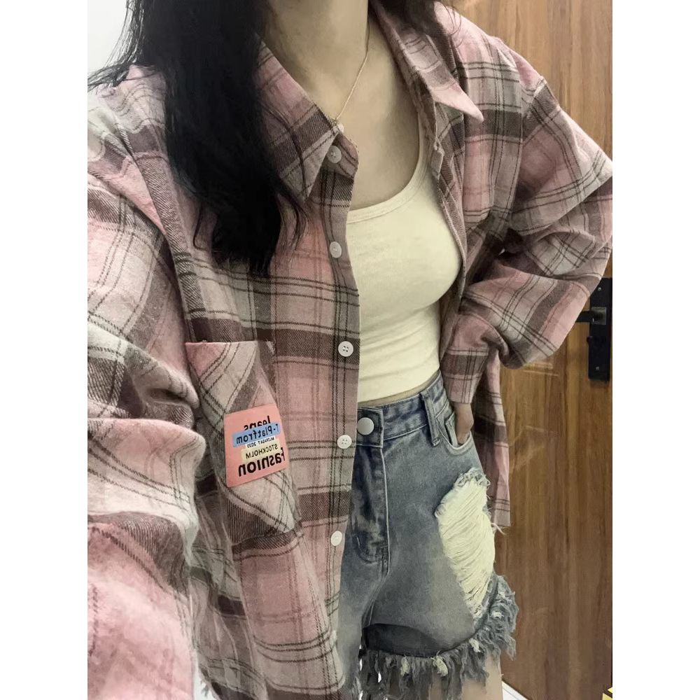 美式復古粉色格子長袖襯衫女春秋小個子設計感小眾寬鬆外套上衣潮