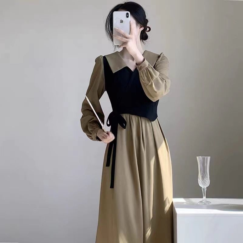 法式長袖polo裙假兩件連衣裙女秋季新款大碼顯瘦高級感赫本風長裙