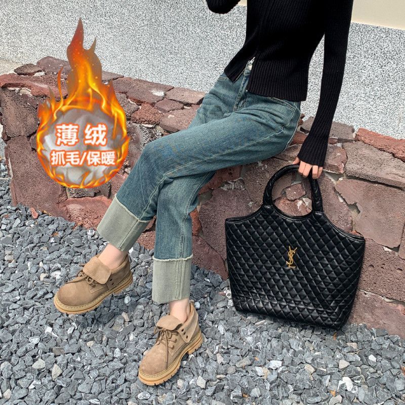 翻邊牛仔褲女秋冬2023年新款加絨高腰復古拼接九分煙管卷邊直筒褲