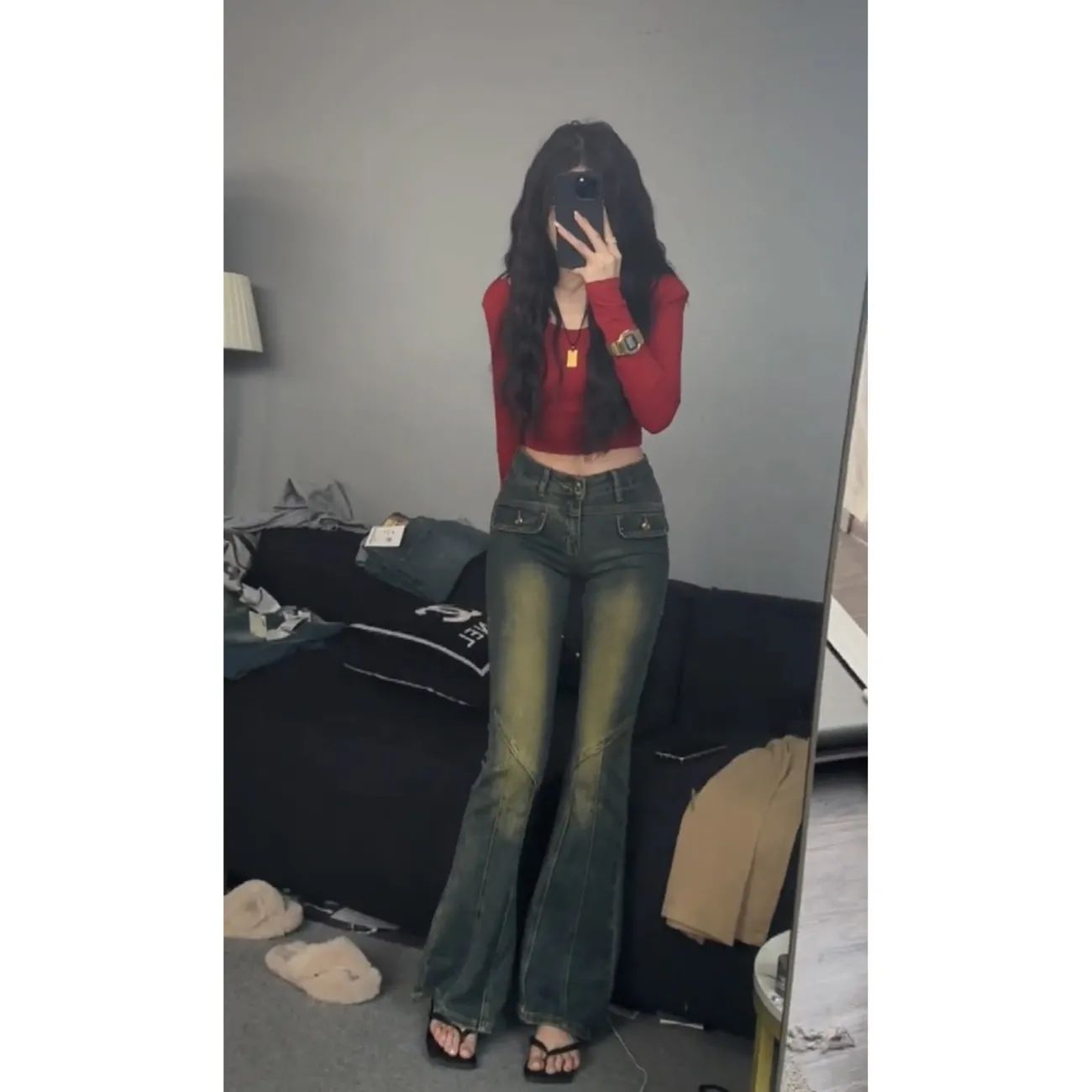美式復古微喇叭牛仔褲女早秋2023新款懷舊高腰顯瘦直筒拖地長褲子