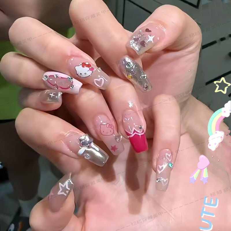 超顯白hello kitty美甲甜酷可愛少女心銀色魔鏡粉塗鴉手工穿戴甲