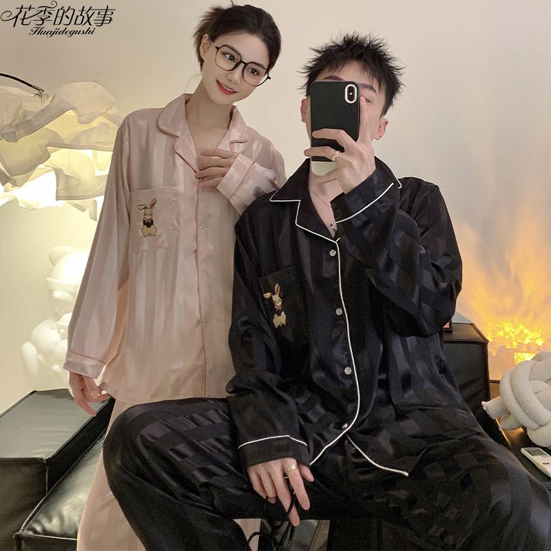 The story of the flower season couple pajamas men's autumn ice silk long-sleeved high-end ins style girl's home wear two-piece set
