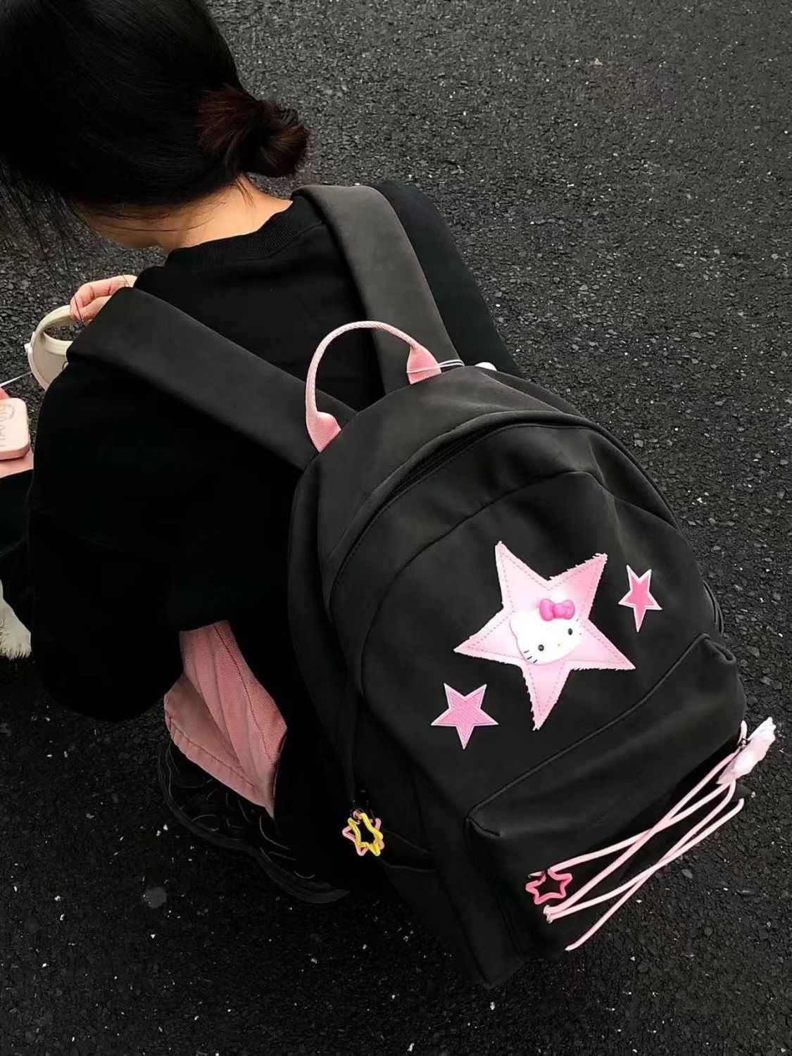 自製KT貓少女甜辣粉色y2k辣妹綠星星綁帶雙肩書包亞比大容量書包