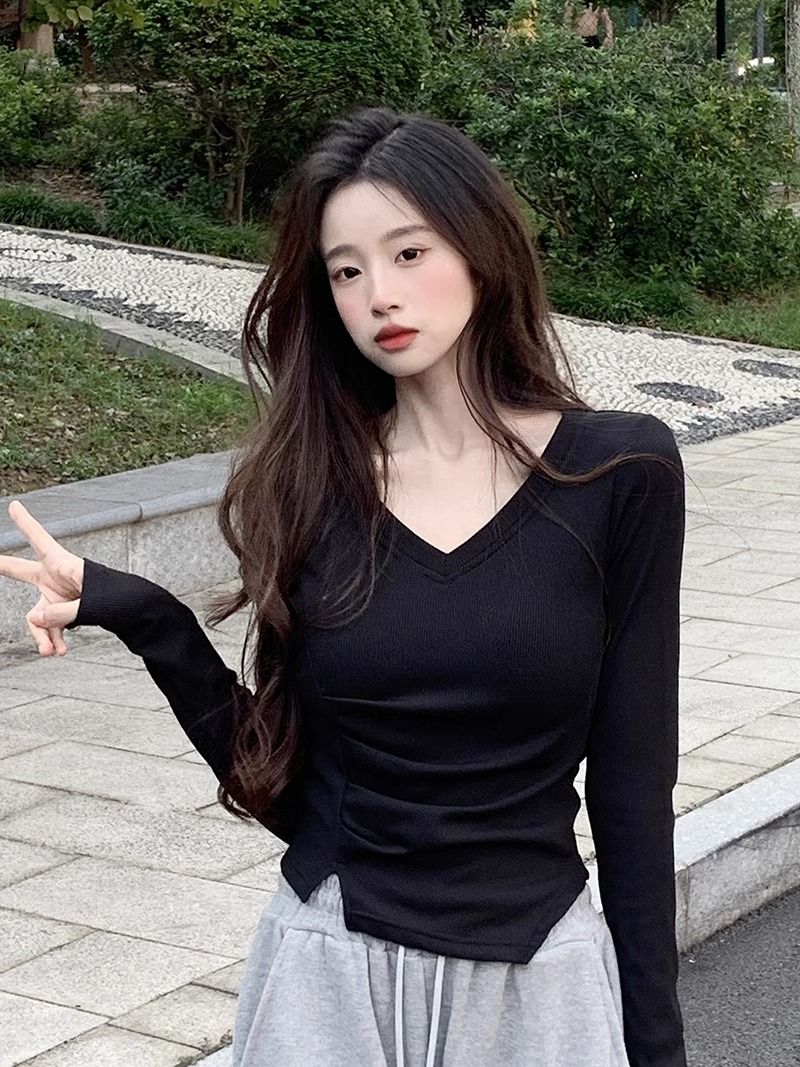 韓版顯瘦修身V領長袖不規則短款T恤女2023新款秋季體恤白色上衣潮