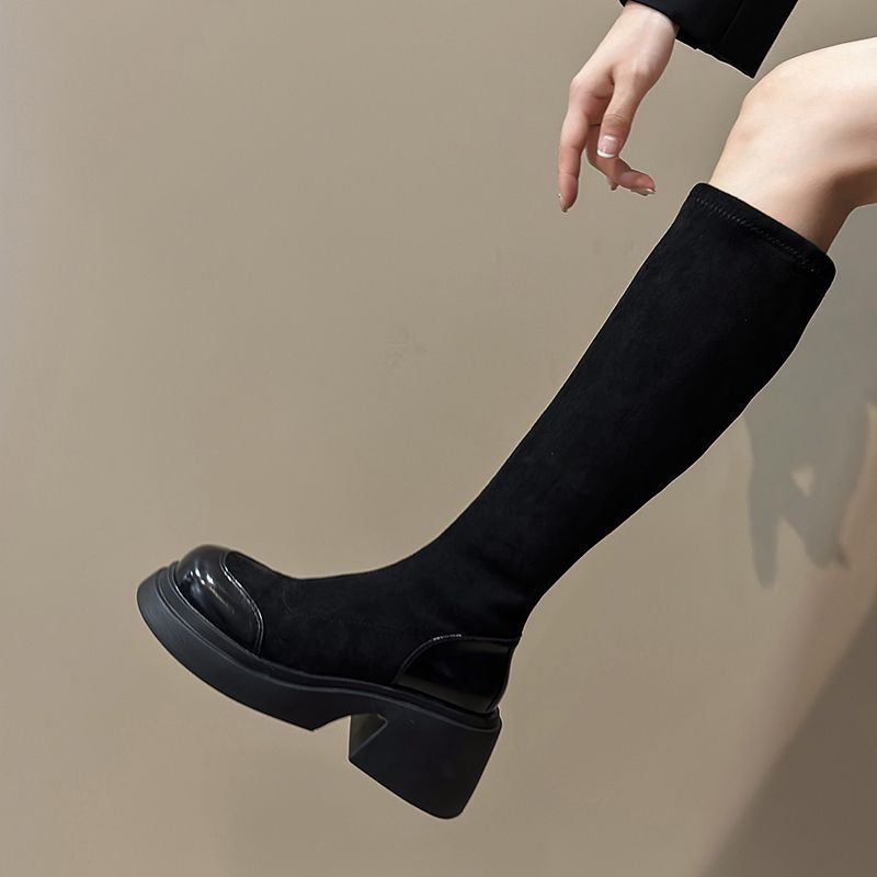2023 new autumn and winter thick-soled heightening elastic boots for women, black long boots, slim boots, Martin boots, knight boots for women