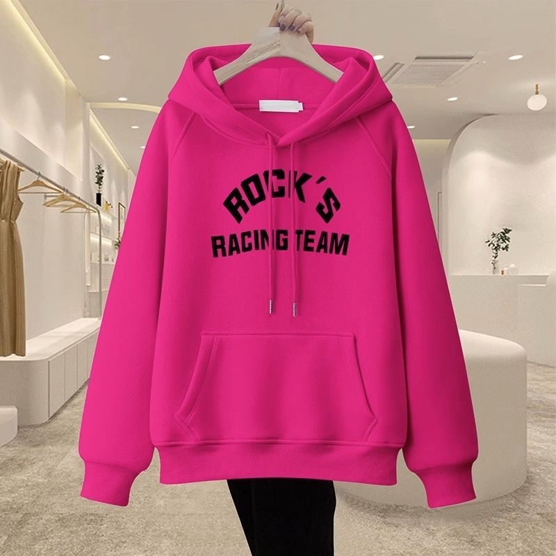 American retro letter print rose red hooded sweatshirt for women autumn and winter new heavyweight pure cotton silver fox velvet jacket trendy