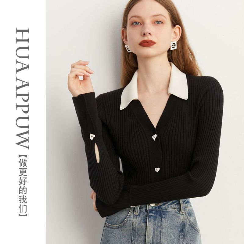 Painted French Slim Contrast Color Knitted Sweater Women's 2023 Autumn New Polo Collar Love Button Cardigan Sweater