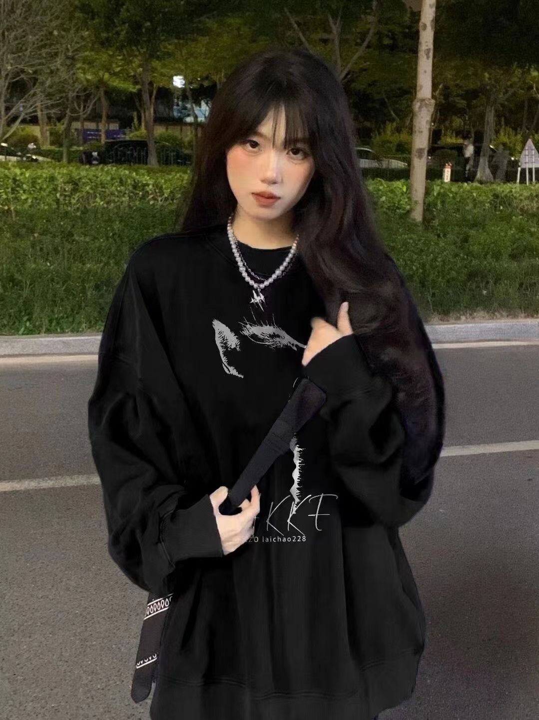春秋冬季新款加絨加厚ins潮慵懶風寬鬆中長款圓領長袖衛衣女上衣