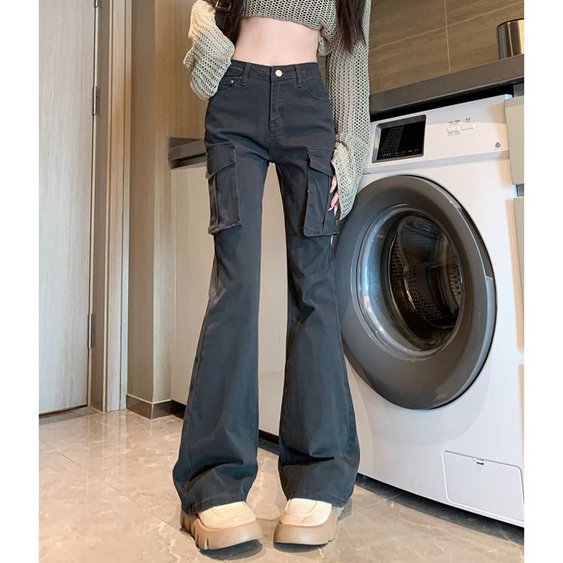 美式復古辣妹微喇牛仔褲女秋季小個子高腰顯瘦拖地褲百搭長褲子潮