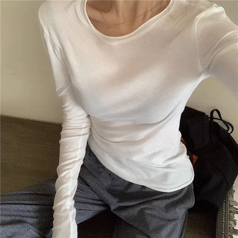 微透棉垂感大白體t恤女長袖春秋百搭基礎款修身卷邊打底衫薄上衣