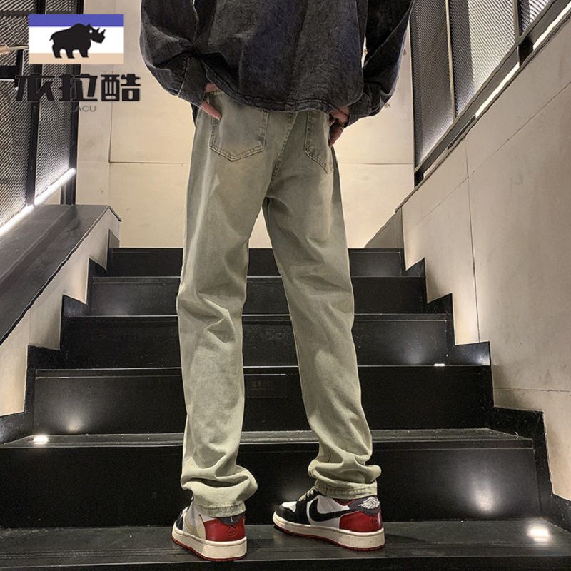 長褲男水洗牛仔褲拉鏈日系秋季青春流行簡約時尚做舊潮流直腳ins