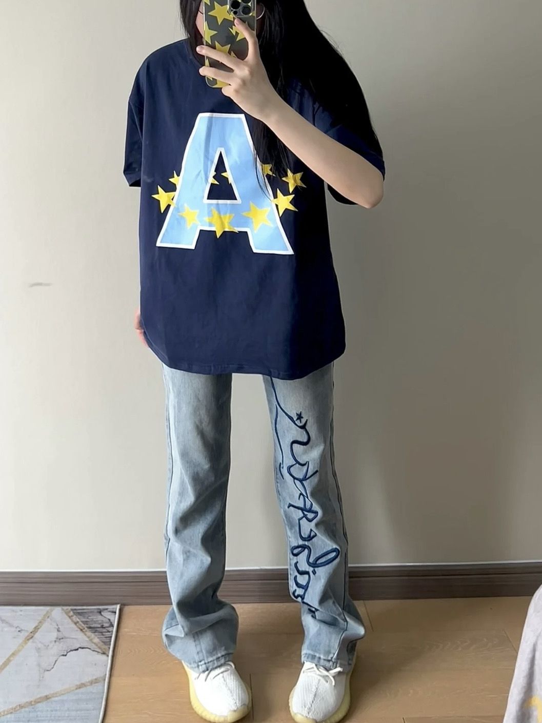 淺藍色字母刺繡牛仔褲女秋季高級感潮牌闊腿褲直筒美式hiphop褲子
