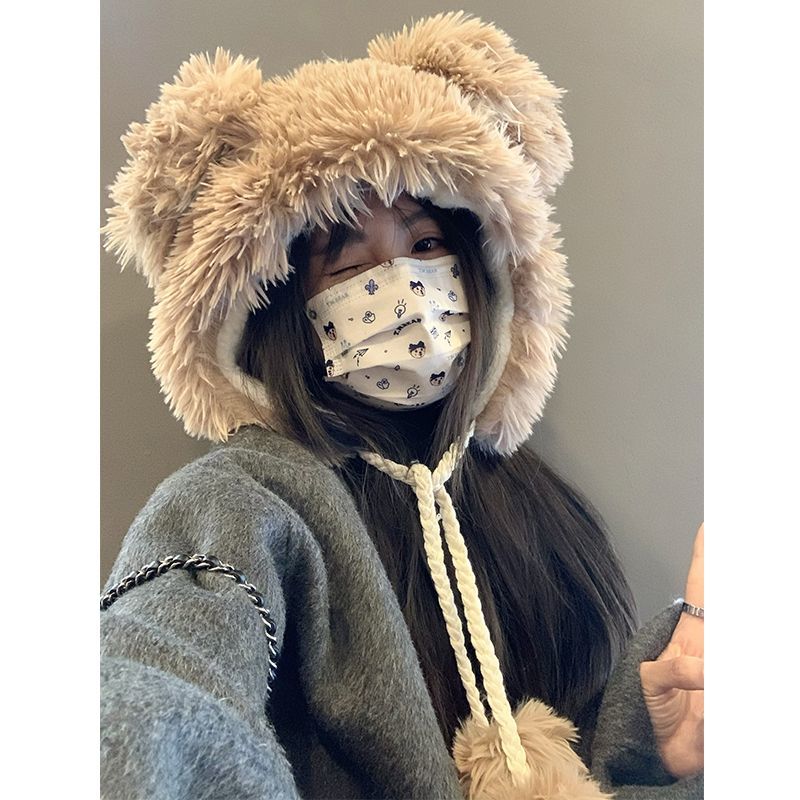 可愛小熊帽子女加厚毛絨絨冬季護耳套頭帽顯臉小保暖雷鋒帽學生潮