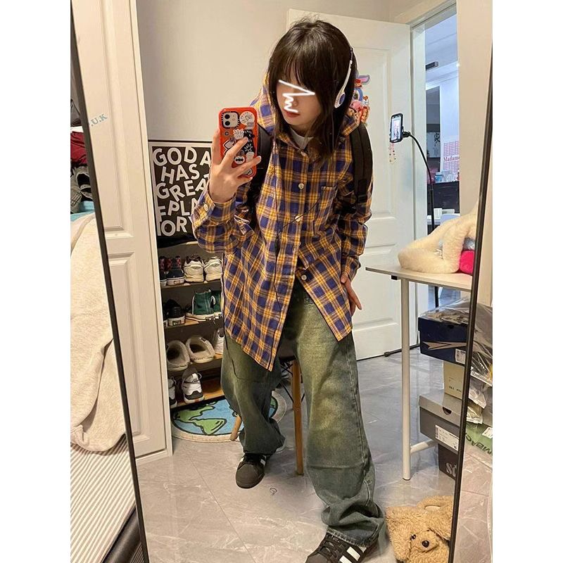 美式復古格子連帽襯衫女秋季寬鬆設計感休閒小眾薄款疊穿上衣ins