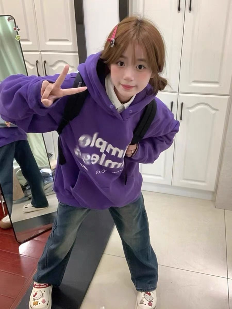 國潮牌美式復古紫色字母連帽衛衣女秋季oversize小眾別致百搭外套